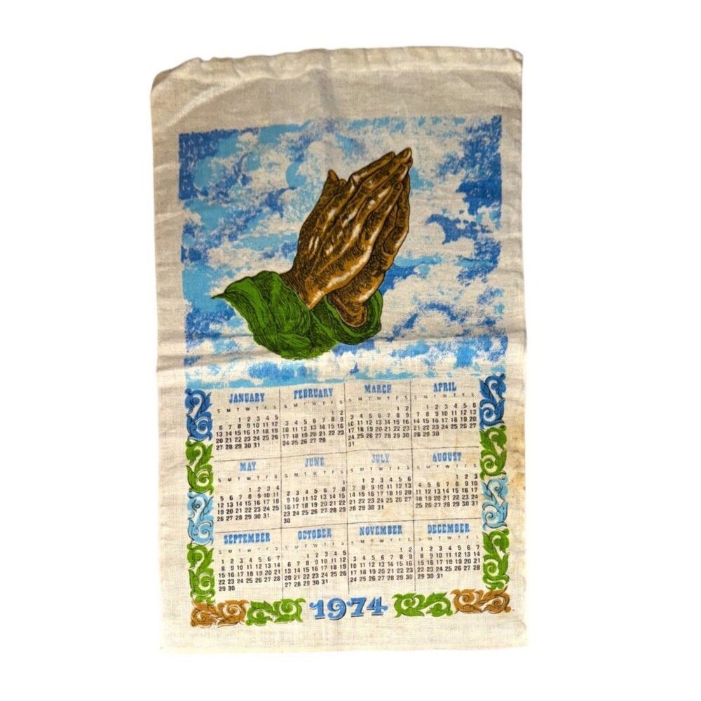 Vintage 1974 Cloth Wall Hanging Praying Hands Image